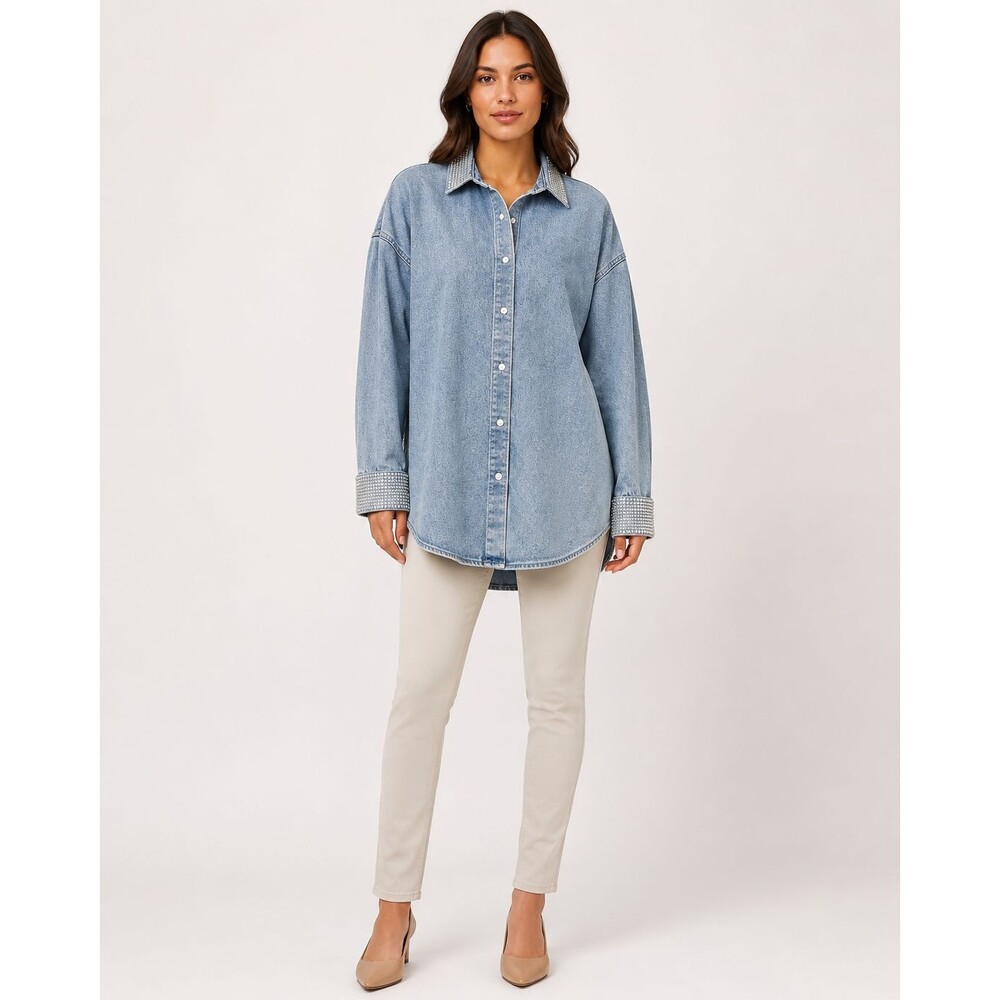 Express Boyfriend Portofino Denim Shirt Rhinestone Collar Cuffs Size M NWT